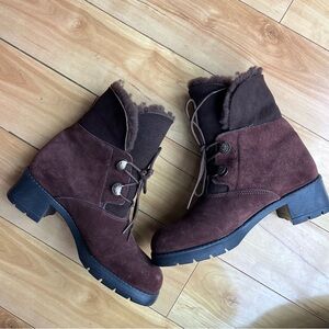 Sorel Combat Ankle Boots W9.5 Brown Leather Outdoor Fur Shearling Comfort Winter